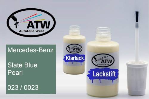 Mercedes-Benz, Slate Blue Pearl, 023 / 0023: 20ml Lackstift + 20ml Klarlack - Set, von ATW Autoteile West.